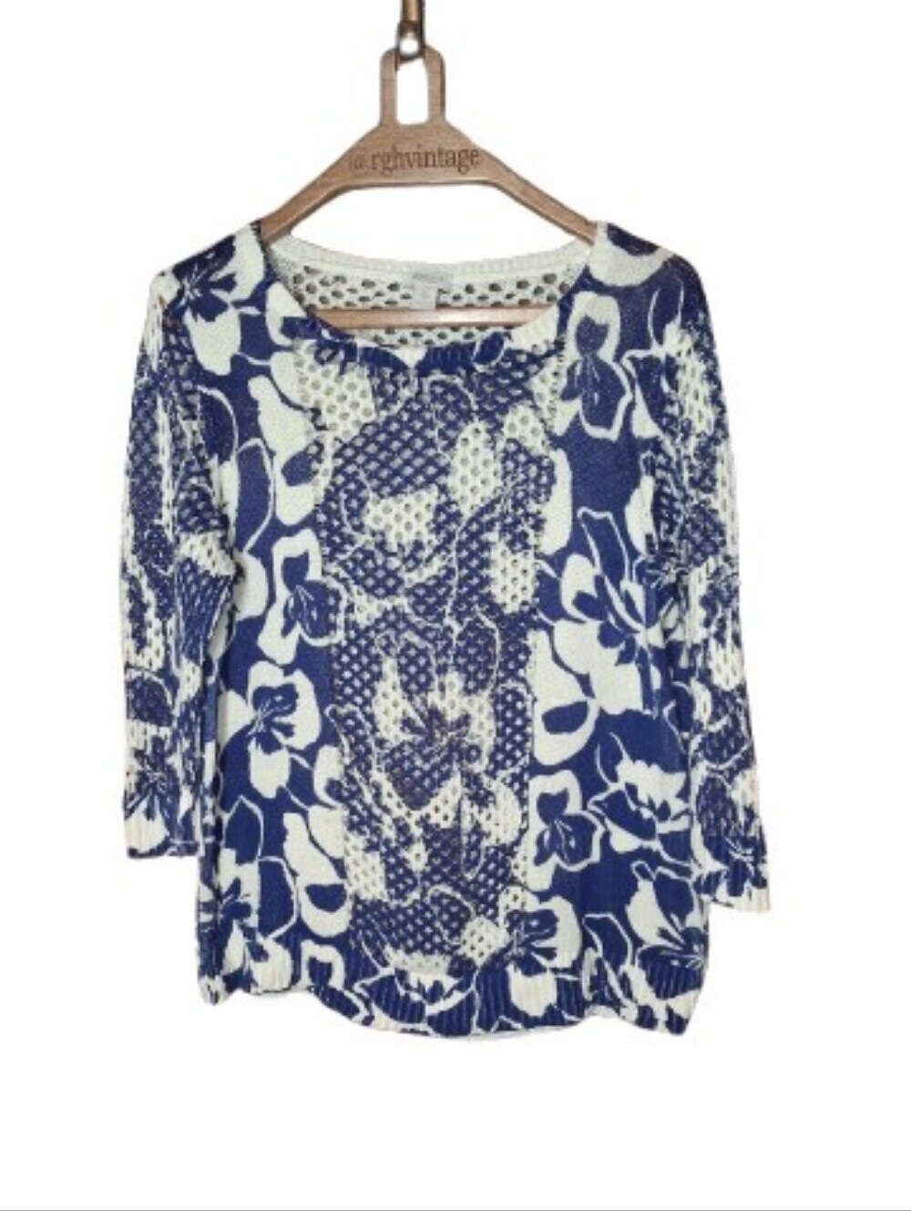 Weekends By Chicos Floral Knit Sweater Blue White Size 2 Costal Grandma Vacation